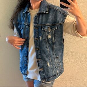 Distressed Sleeveless Denim Jacket Blue